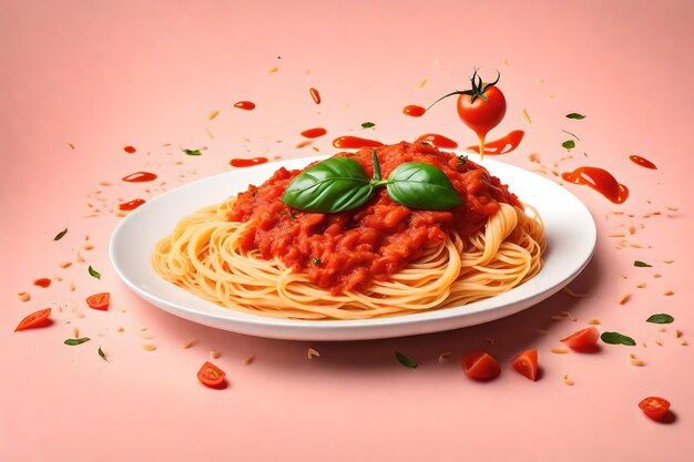 Een gerecht van pasta met tomatensaus en munt op lichtroze achtergrond