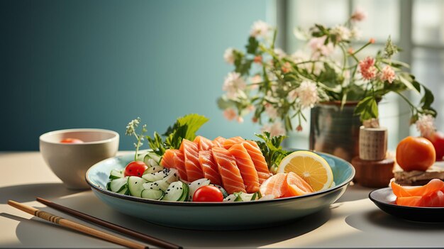Een gerecht van verse zalm sushi wordt elegant gepresenteerd met een verscheidenheid aan bijgerechten