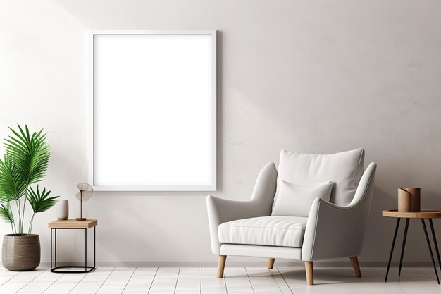 Een gerenderd beeld van een posterframe geplaatst op een moderne, minimalistische interieurachtergrond voor een mockup