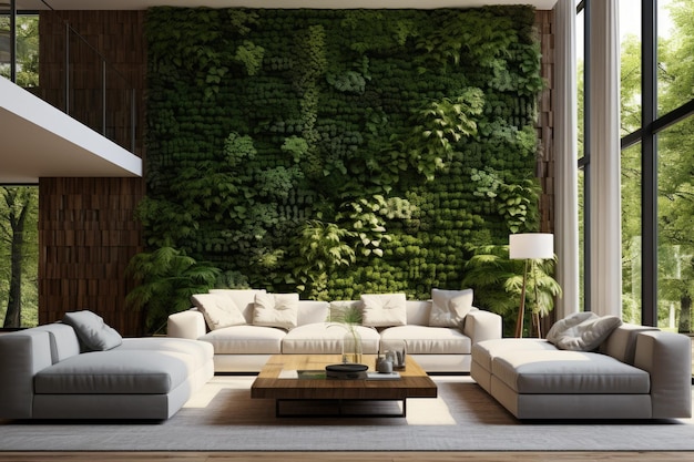 Een gerenderde afbeelding met een verticale groene muur die is opgenomen in het interieurontwerp van een woonkamer
