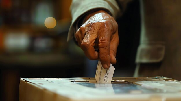 Een gerimpelde hand van een oudere persoon die tijdens een verkiezing zijn stem in een stembus werpt