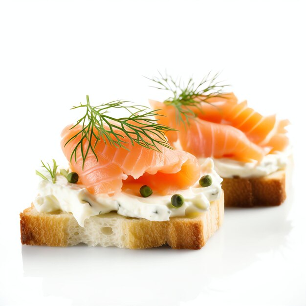 een gerookte zalm canaps met roomkaas recept studio licht geïsoleerd op witte achtergrond