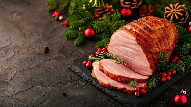 Een geroosterde kalkoen op een bord met takjes rozemarijn en rode bessen omringd door feestelijke kerstversieringen, waaronder ornamenten, lint en snoepstokken