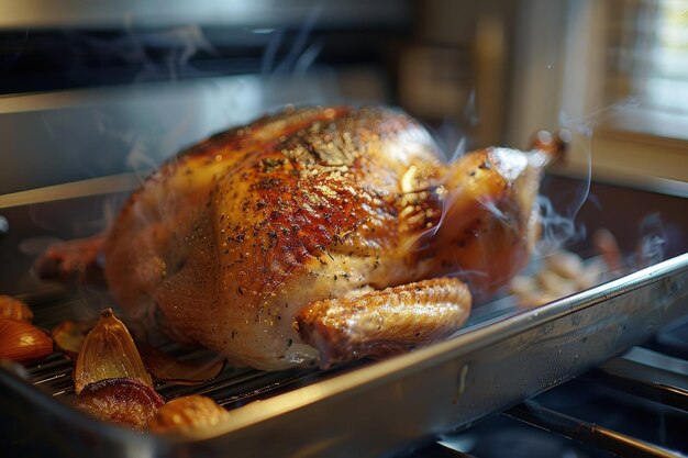 Foto een geroosterde kip wordt in de oven gekookt