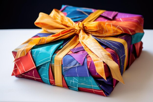 Een geschenk inpakken met kleurrijke stof