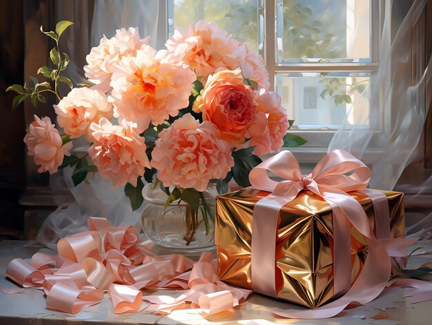 een geschenk met een lint en bloemen