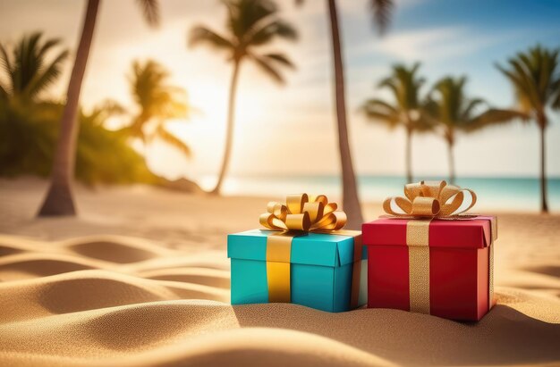 Foto een geschenk met een palmboom op het strand