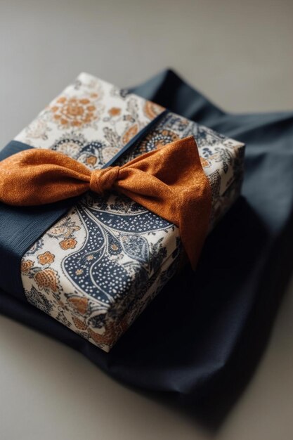 Een geschenk verpakt in een blauw en wit paisley-patroon zit op een zwarte doek.