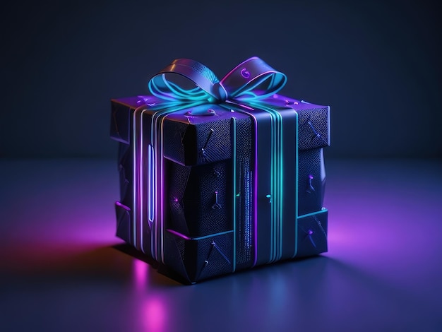 Foto een geschenkdoos in cyberpunk stijl op een donkere achtergrond