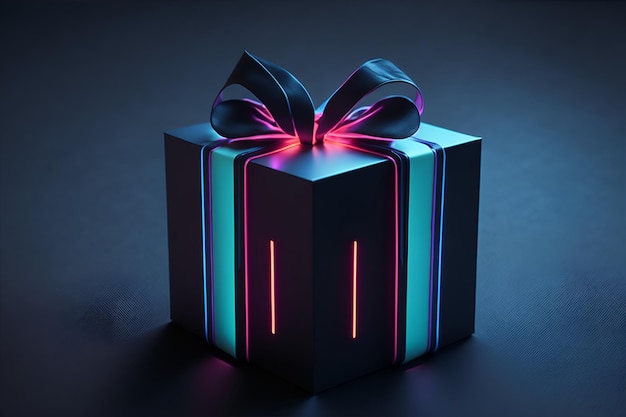 Een geschenkdoos in cyberpunk stijl op een donkere achtergrond