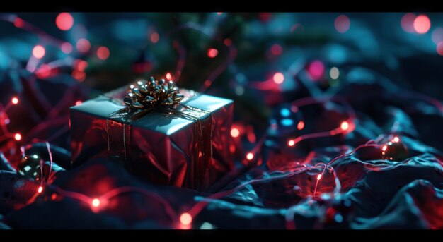 Foto een geschenkdoos op een donkere doek met een kerstlicht dat er doorheen schijnt