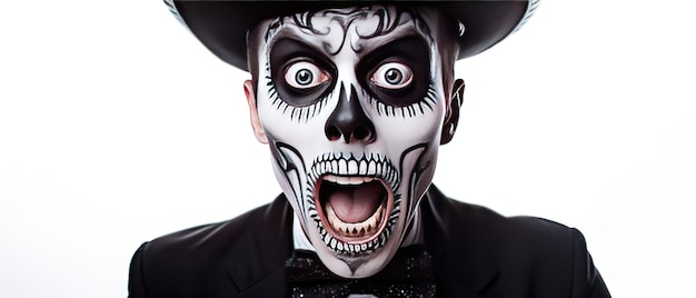 Een geschokte man in Halloween make-up en kostuum grijpt zijn gezicht van angst Man in zwarte hoed pak en schedel make-up opent zijn ogen en mond wijd van angst op witte achtergrond