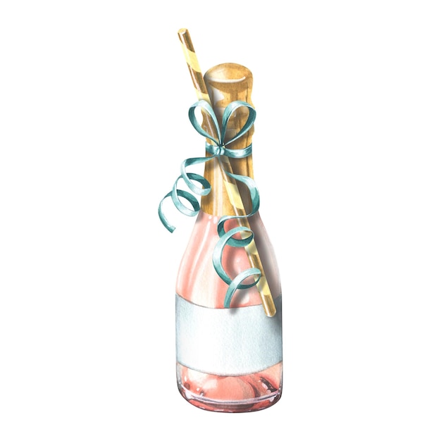 Een gesloten fles roze champagne met een feestelijk lint en een cocktailbuis Aquarelillustratie Een geïsoleerd object uit een grote reeks GELUKKIGE VERJAARDAG Voor decoratie en ontwerp
