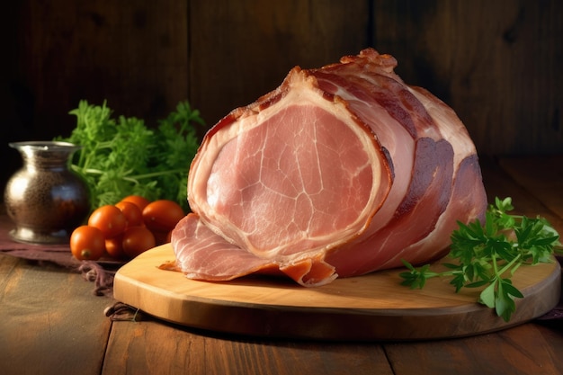 Een gesneden ham op een snijplank met tomaten en kruiden