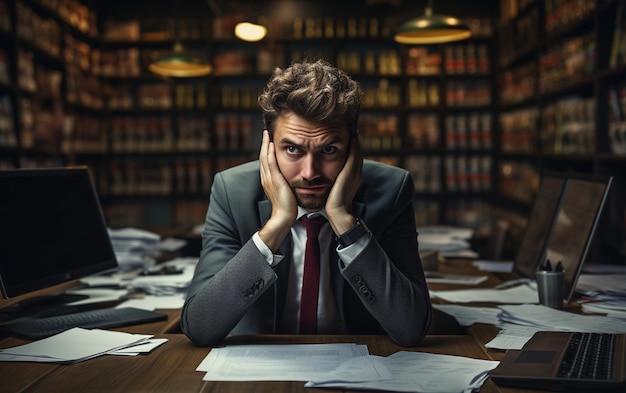 Een gespannen zakenman zit aan een bureau op een foto