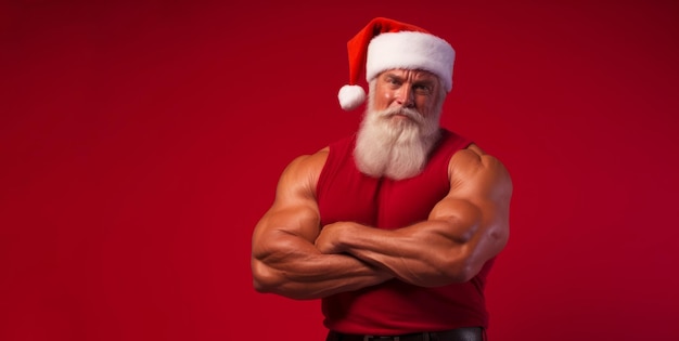 Een gespierde bodybuilder Kerstman Nieuwjaar fitness concept