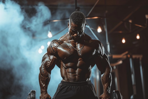 Een gespierde man zonder shirt toont kracht terwijl hij een halter in zijn handen houdt Een professionele bodybuilder die zware gewichten tillen