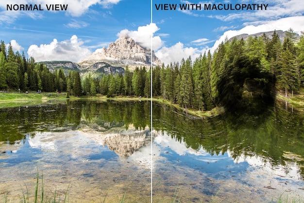 Een gesplitst scherm van een schilderachtig meer bij een grote berg in de Alpen Het voor en na visioen van een diabetische persoon met een donkere vlek van maculopathie in het gezichtsveld tonen