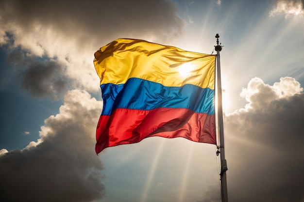 Een gestileerde abstracte weergave van de Colombiaanse vlag met flinke kleuren en vormen
