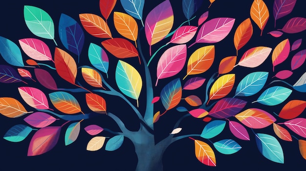 Een gestileerde boom met bladeren in een spectrum van kleuren tegen een donkere achtergrond die lijkt op een levendige w