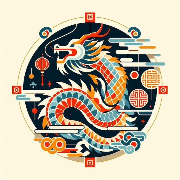 Een gestileerde draakfiguur in rood en goud brengt een zegen over het Chinese Nieuwjaar en het Jaar van t in 2024