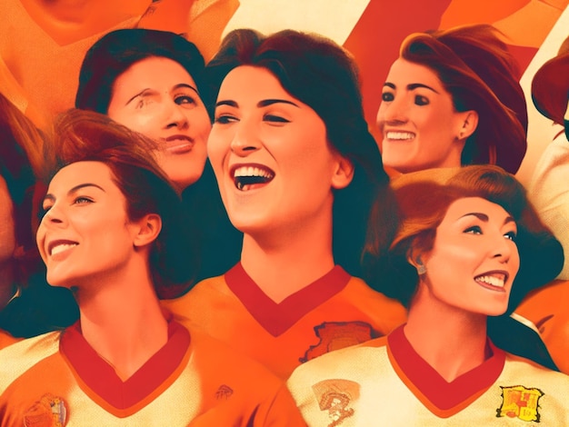 Een gestileerde illustratie van het Spaanse vrouwelijk voetbalteam hun gezichten gevuld met trots en vreugde