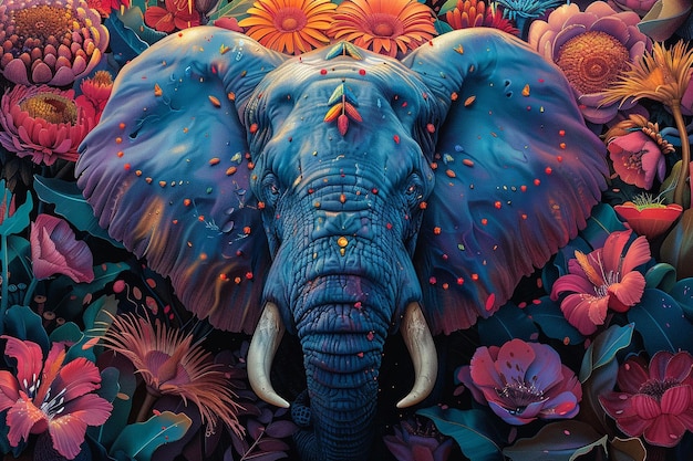 Een gestileerde olifant in de stijl van een psychedelische schilderij