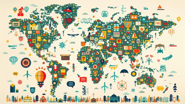 Een gestileerde wereldkaart met verschillende iconen voor humanitaire hulp die de diversiteit van de hulpverlening illustreren