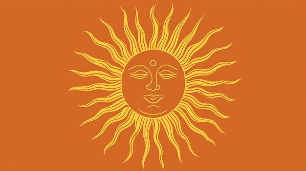 Een gestileerde zon met een gezicht op een oranje achtergrond