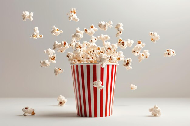 Een gestreepte emmer met vliegende popcorn geïsoleerd op een witte achtergrond