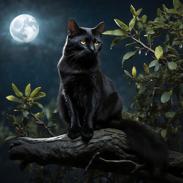 Een gestroomlijnde zwarte kat zat bovenop een boomtak en zijn vacht glinsterde in het maanlicht