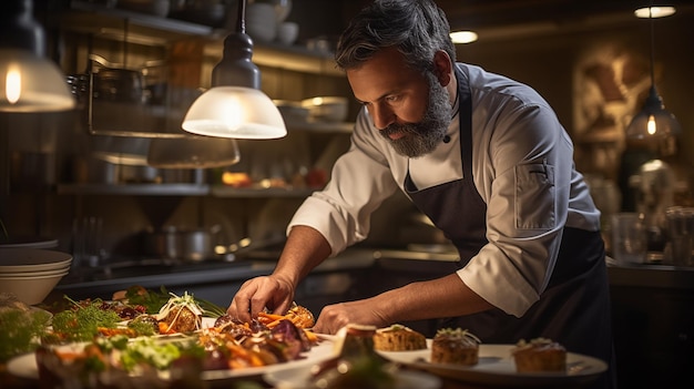 Een getalenteerde chef-kok die een prachtig bekleed gerecht versierd in een gezellig restaurant gegenereerd door AI