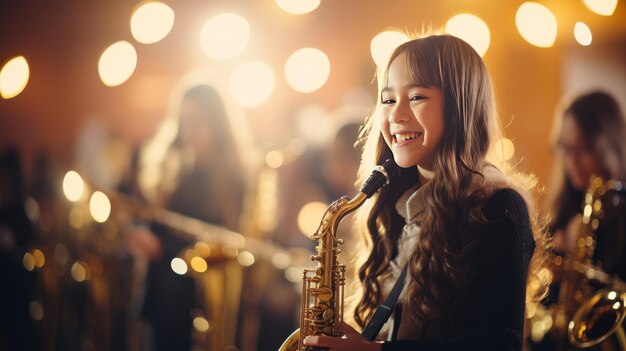 Een getalenteerde vrouw speelt vaardig saxofoon op het podium als onderdeel van een bandoptreden