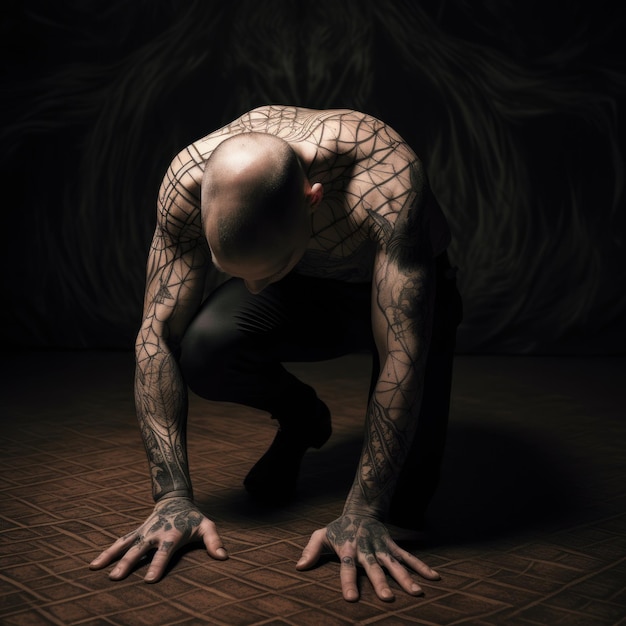 een getatoeëerde man die bukt om zijn tenen aan te raken in een generatieve AI in een donkere kamer