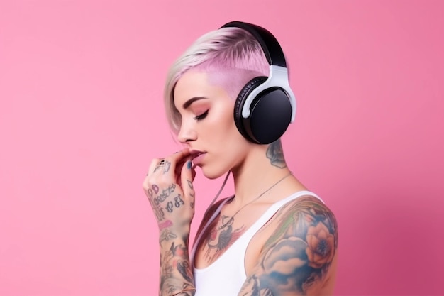 Een getatoeëerde vrouw met een roze achtergrond die een koptelefoon draagt