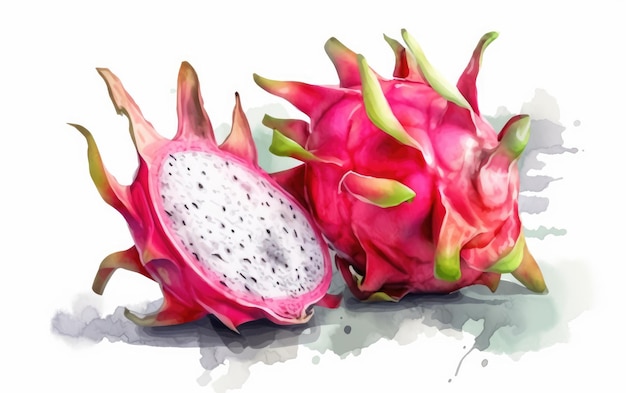 een getekend drakenfruit op witte achtergrond aquarel fruit gezond voedsel illustraties ai gegenereerd