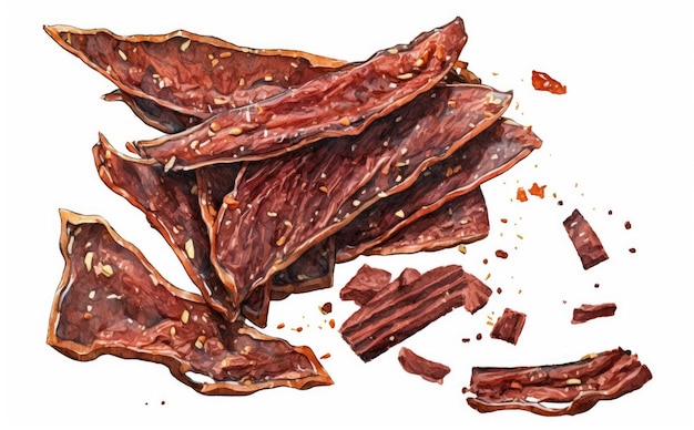 een getekende beef jerky op witte achtergrond aquarel vlees illustraties ai gegenereerd