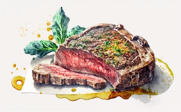 Een getekende biefstuk ribeye op witte achtergrond aquarel organische illustraties ai gegenereerd