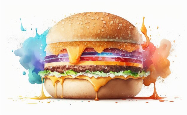 een getekende cheeseburger op gele achtergrond aquarel fastfood illustraties ai gegenereerd