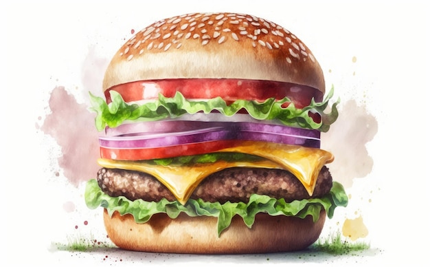 een getekende cheeseburger op gele achtergrond aquarel fastfood illustraties ai gegenereerd