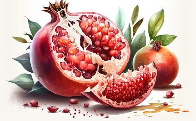Een getekende granaatappel op witte achtergrond aquarel fruit biologisch voedsel illustraties ai gegenereerd