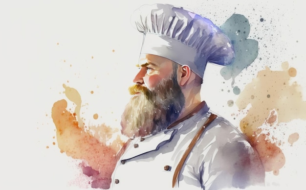 een getekende man chef-kok op witte achtergrond aquarel restaurant illustraties ai gegenereerd