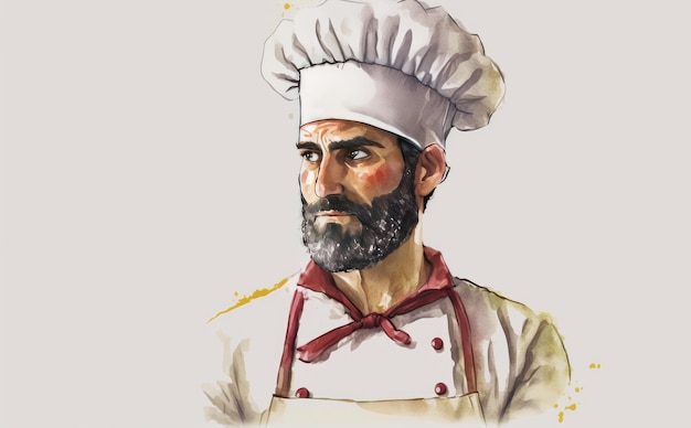 een getekende man chef-kok op witte achtergrond aquarel restaurant illustraties ai gegenereerd
