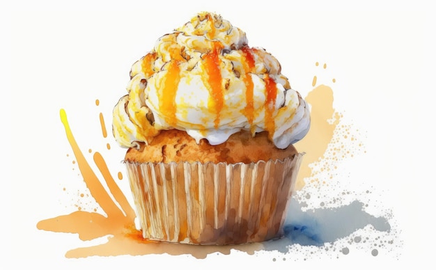 Een getekende muffin met een slagroom cupcake op witte achtergrond aquarel gebak ai gegenereerd