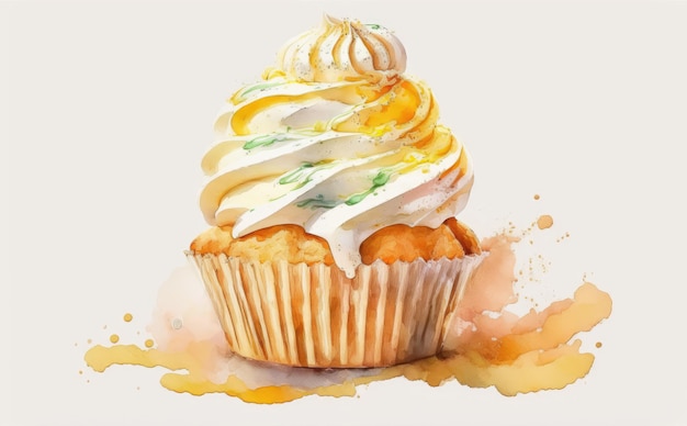 Een getekende muffin met een slagroom cupcake op witte achtergrond aquarel gebak ai gegenereerd