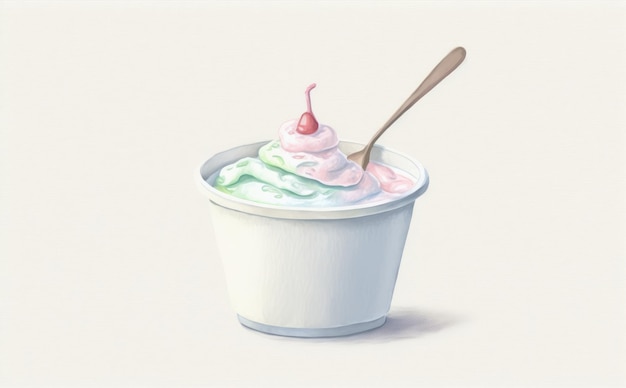 Een getekende yoghurt op een witte achtergrond aquarel snoep dessert biologisch voedsel ai gegenereerd
