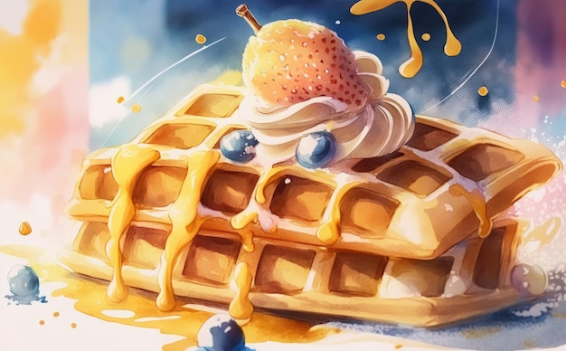 Een getekende zelfgemaakte wafels op witte achtergrond aquarel gebak illustraties ai gegenereerd