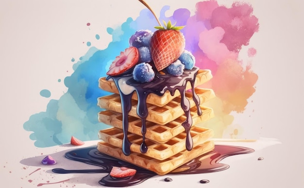 Een getekende zelfgemaakte wafels op witte achtergrond aquarel gebak illustraties ai gegenereerd