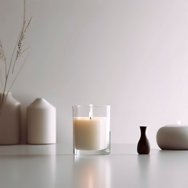 Een geurige kaars op een witte tafel met vazen op een moderne minimalistische achtergrond