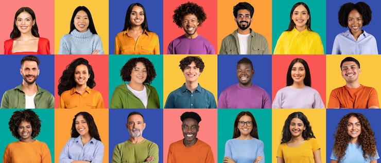 Foto een gevarieerde en levendige collage van individuen met verschillende culturele achtergronden